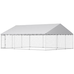 PawHut Heavy Duty Outdoor Dog Kennel with Waterproof Roof, 2 Secure Latches, Chain Link Dog Run for Backyard, 20' x 15' x 8'