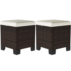 Outsunny 2 Piece Wicker Outdoor Ottomans with Cushions, Rattan Ottoman Footrest and Side Table for Patio, Yard, Poolside, Beige