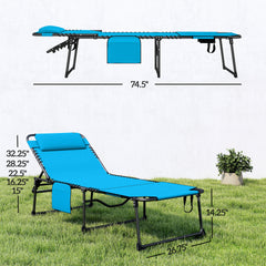 Outsunny Folding Chaise Tanning Lounge Chair w/ 5-level Reclining Back, Reading Hole, Side Pocket, Headrest, Blue