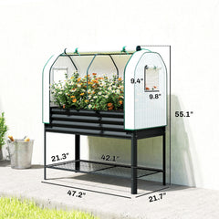Outsunny Galvanised Raised Garden Bed with Greenhouse Cover, Metal Elevated Garden Bed with Bed Liner, Bottom Shelf, Black