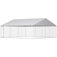 PawHut Heavy Duty Outdoor Dog Kennel with Waterproof Roof, Secure Latch, Chain Link Dog Run for Backyard, 19.7' x 19.7' x 8.9'
