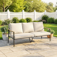 Outsunny 3 Seater Outdoor Patio Sofa, Outdoor Couch with Wood-Effect Armrests, Wicker Backrest, Cushions for Garden Yard, Khaki