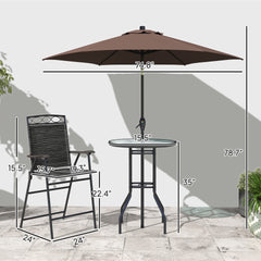Outsunny 4 Piece Outdoor Bar Set with Umbrella, Patio Dining Set with 2 Folding Chairs, Wave Textured Tempered Glass Table for Backyard, Garden, Deck, Poolside, Black