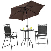 Outsunny 4 Piece Outdoor Bar Set with Umbrella, Patio Dining Set with 2 Folding Chairs, Wave Textured Tempered Glass Table for Backyard, Garden, Deck, Poolside, Black