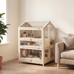 PawHut Wooden Hamster Cage, Large 3 Tier Hamster Cage w/ Pull-Out Tray, Openable Top, Hut, Seesaws, 26.8"L x 24.2"W x 35.4"H