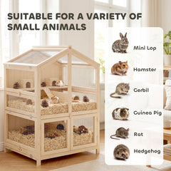 PawHut Wooden Hamster Cage, Large 3 Tier Hamster Cage w/ Pull-Out Tray, Openable Top, Hut, Seesaws, 26.8"L x 24.2"W x 35.4"H