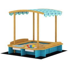 Qaba Wooden Sandbox with Dinosaur Print Canopy Kids Sandbox Outdoor with Bench Seats & 2 Storage Bins