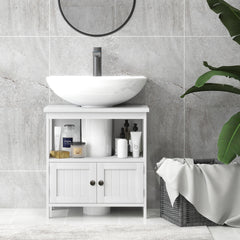 kleankin Pedestal Sink Storage Cabinet, Bathroom Under Sink Cabinet with 2 Doors and Open Shelf, Bathroom Vanity, White