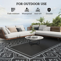 Outsunny Reversible Outdoor Rug, Waterproof Plastic Straw with Carry Bag, 9' x 18', Black & Gray Gourd Border