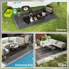 Outsunny Reversible Outdoor Rug, Waterproof Plastic Straw with Carry Bag, 9' x 18', Black & Gray Gourd Border