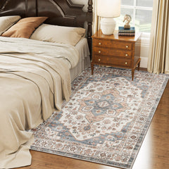 HOMCOM 4x6 Area Rug, Vintage Machine Washable Rug, Non-Slip Carpet for Living Room, Bedroom, Dining Room, Brown & Light Blue