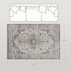 HOMCOM 4x6 Area Rug, Vintage Machine Washable Rug, Non-Slip Carpet for Living Room, Bedroom, Dining Room, Brown & Light Blue