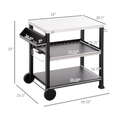 Outsunny 3-Shelf Outdoor Grill Cart Table with Side Handle, Stainless Steel Pizza Oven Stand on Wheels, Black