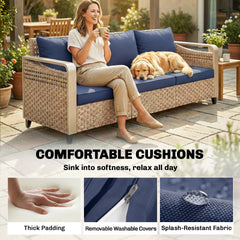 Outsunny Rattan Wicker Sofa 3-Seater Outdoor Patio Sofa with Cushions for Garden Backyard Porch Dark Blue