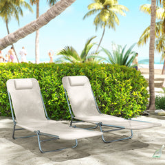 Outsunny 2 Piece Sun Loungers, Folding Chaise Lounge Chairs with Reclining Back, Breathable Mesh Seat, Headrest, Cream White