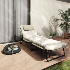 Outsunny Folding Chaise Lounge Pool Chair with 4-level Reclining Back, Cushion, Side Pocket, Headrest, Beige