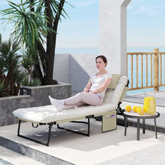 Outsunny Folding Chaise Lounge Pool Chair with 4-level Reclining Back, Cushion, Side Pocket, Headrest, Beige