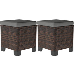 Outsunny 2 Piece Wicker Outdoor Ottomans with Cushions, Rattan Ottoman Footrest and Side Table for Patio, Yard, Poolside, Gray