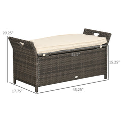 Outsunny 29 Gallon Patio Wicker Storage Bench, Outdoor PE Rattan Furniture, 2-In-1 Large Capacity Rectangle Garden Storage Box with Handles and Cushion, Cream White