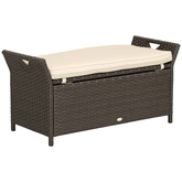 Outsunny 29 Gallon Patio Wicker Storage Bench, Outdoor PE Rattan Furniture, 2-In-1 Large Capacity Rectangle Garden Storage Box with Handles and Cushion, Cream White