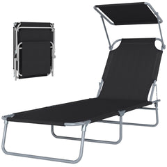 Outsunny Outdoor Pool Chaise Lounge Chair, Folding Tanning Chair with Sun Shade, Black