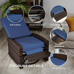 Outsunny Outdoor Wicker Swivel Recliner Chair, Lifting Footrest, 360° Rotating Basic, Water-resistant Cushions, Dark Blue