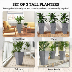Outsunny 28" Tall Planters, Set of 3 Plastic Flower Pots with Marble Finish and Drainage Holes, Stackable Taper Planters, Gray