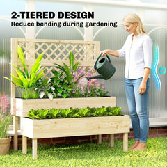 Outsunny 2-Tier Raised Garden Bed with Trellis, Elevated Planter Box for Climbing Plants, Natural