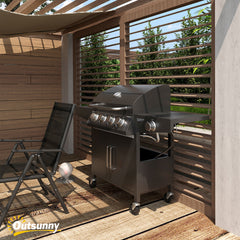 Outsunny 52" Barbecue Grill with Wheels 4+1 Burner Liquid Propane Gas Grill Outdoor Cabinet Style BBQ Trolley w/ Side Burner, Warming Rack