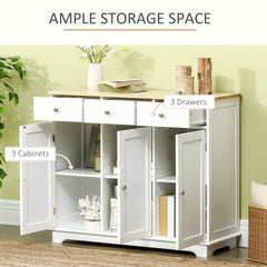HOMCOM Modern Sideboard with Rubberwood Top, Buffet Cabinet with Storage Cabinets, Drawers and Adjustable Shelves, White