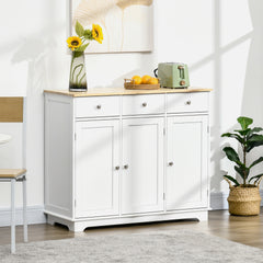 HOMCOM Modern Sideboard with Rubberwood Top, Buffet Cabinet with Storage Cabinets, Drawers and Adjustable Shelves, White