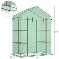 Outsunny 56" x 29" x 77" Walk-in Greenhouse, Garden Hot House with 3 Tier Shleves, Roll-Up Door and PE Cover, Green