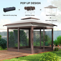 Outsunny 12' x 12' Pop Up Canopy Tent with Netting and Carry Bag, Instant Sun Shelter with 137 sq.ft Shade, Beige and Brown