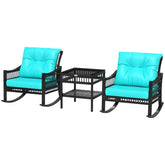 Outsunny 3 Piece Outdoor PE Rattan Rocker Chair Set, Rocking Chair with Tempered Glass Table Top, Turquoise Green