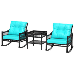Outsunny 3 Piece Outdoor PE Rattan Rocker Chair Set, Rocking Chair with Tempered Glass Table Top, Turquoise Green