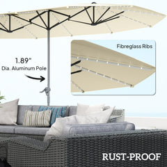 Outsunny 15ft Double-Sided Outdoor Umbrella with Solar Lights, UPF50+ Extra Large Aluminum Patio Umbrella with Crank, Cream White