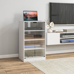 HOMCOM 4-Tier Media Cabinet, Media Stand with Adjustable Shelves, Tempered Glass Doors, and Cable Management, Distressed White