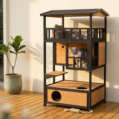PawHut Wooden Outdoor Cat House, Feral Cat Shelter Kitten Condo with Asphalt Roof, Escape Doors, Condo, Jumping Platform, Yellow