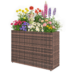 Outsunny Tall Rectangular Planter with Removable Liner, Holes, PE Wicker Large Planter Box for Indoor Outdoor Plants, Brown