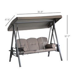 Outsunny 3-Seat Patio Swing Chair, Outdoor Porch Swing Glider with Adjustable Canopy, Removable Cushion, Pillows and Side Trays, for Garden, Poolside, Backyard, Brown