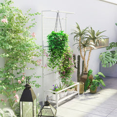 Outsunny Metal Tall Plant Stand with Trellis and Hanging Bar, Plant Holder for Indoor Outdoor Use, 35" x 12.8" x 74", White