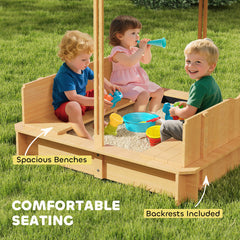 Outsunny Wooden Kids Sandbox with Cover, Children Outdoor Sand Box with Foldable Bench Seats and Adjustable Canopy