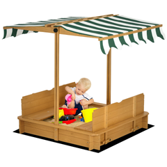 Outsunny Wooden Kids Sandbox with Cover, Children Outdoor Sand Box with Foldable Bench Seats and Adjustable Canopy