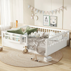 Queen Floor bed with Heightened Fence and bookshelf ,Wood Floor Bed for Kids, White.