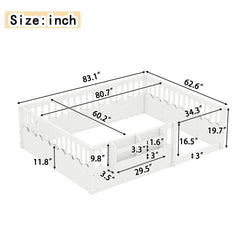 Queen Floor bed with Heightened Fence and bookshelf ,Wood Floor Bed for Kids, White.