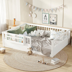 Queen Floor bed with Heightened Fence and bookshelf ,Wood Floor Bed for Kids, White.