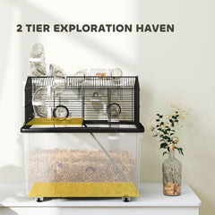 PawHut 2 Tier Hamster Cage with 12" Deep Tray, Tube System, Water Bottle, Ramp, Feeding Bowl, 23" x 17" x 22", Black