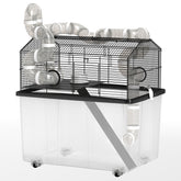 PawHut 2 Tier Hamster Cage with 12" Deep Tray, Tube System, Water Bottle, Ramp, Feeding Bowl, 23" x 17" x 22", Black
