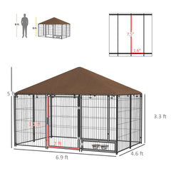PawHut Outside Dog Kennel, 6.9' x 4.6' x 5' Puppy Play Pen with Canopy, Garden Playpen Fence Crate with Rotating Bowl, Black