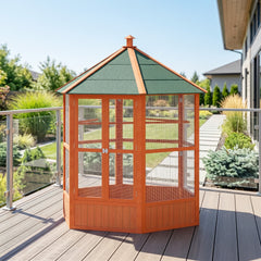 PawHut 69" Wooden Hexagonal Outdoor Aviary Flight Bird Cage With Covered Roof, Brown